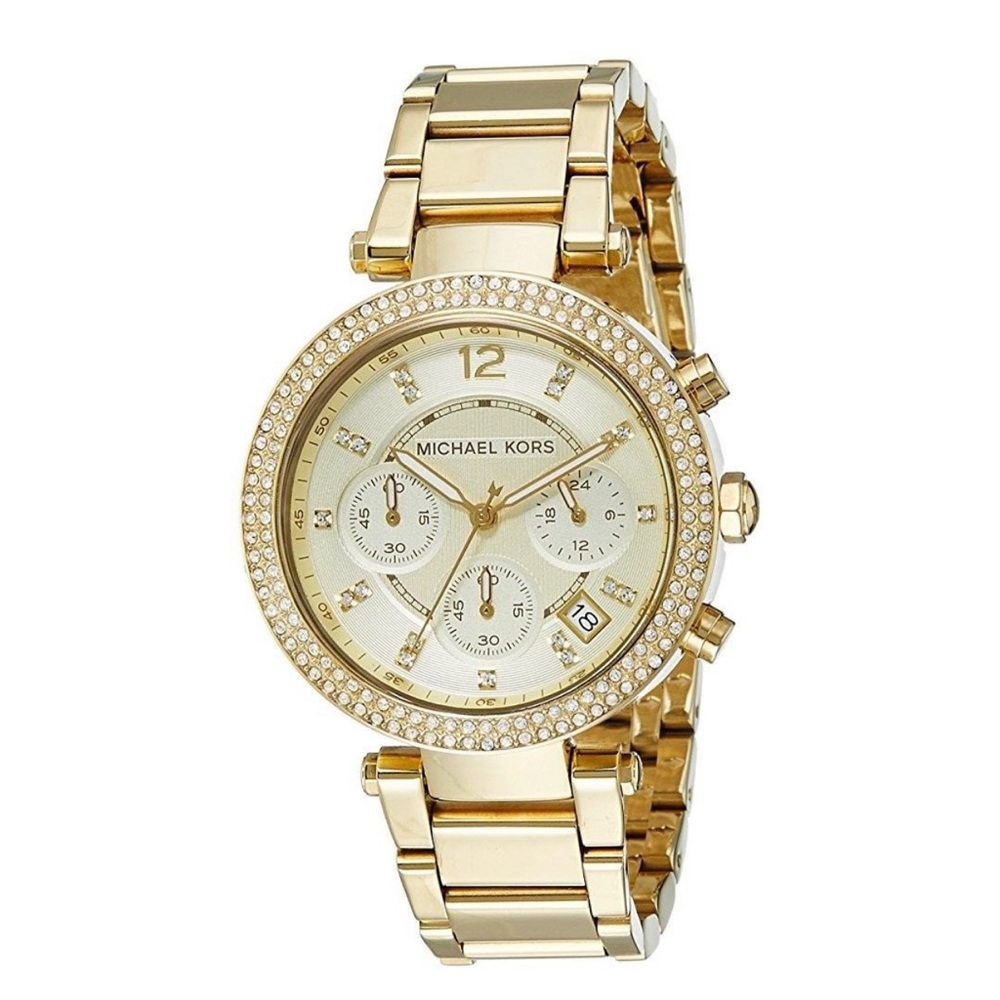 MICHAEL KORS Gold tone Chronograph Watch Rhinestone Bezel LIKE NEW